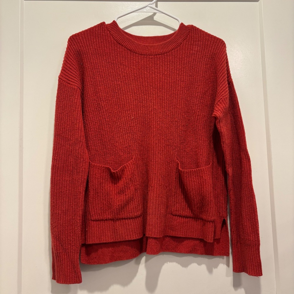Madewell Red Ribbed Knit Crewneck Sweater with Pockets XS